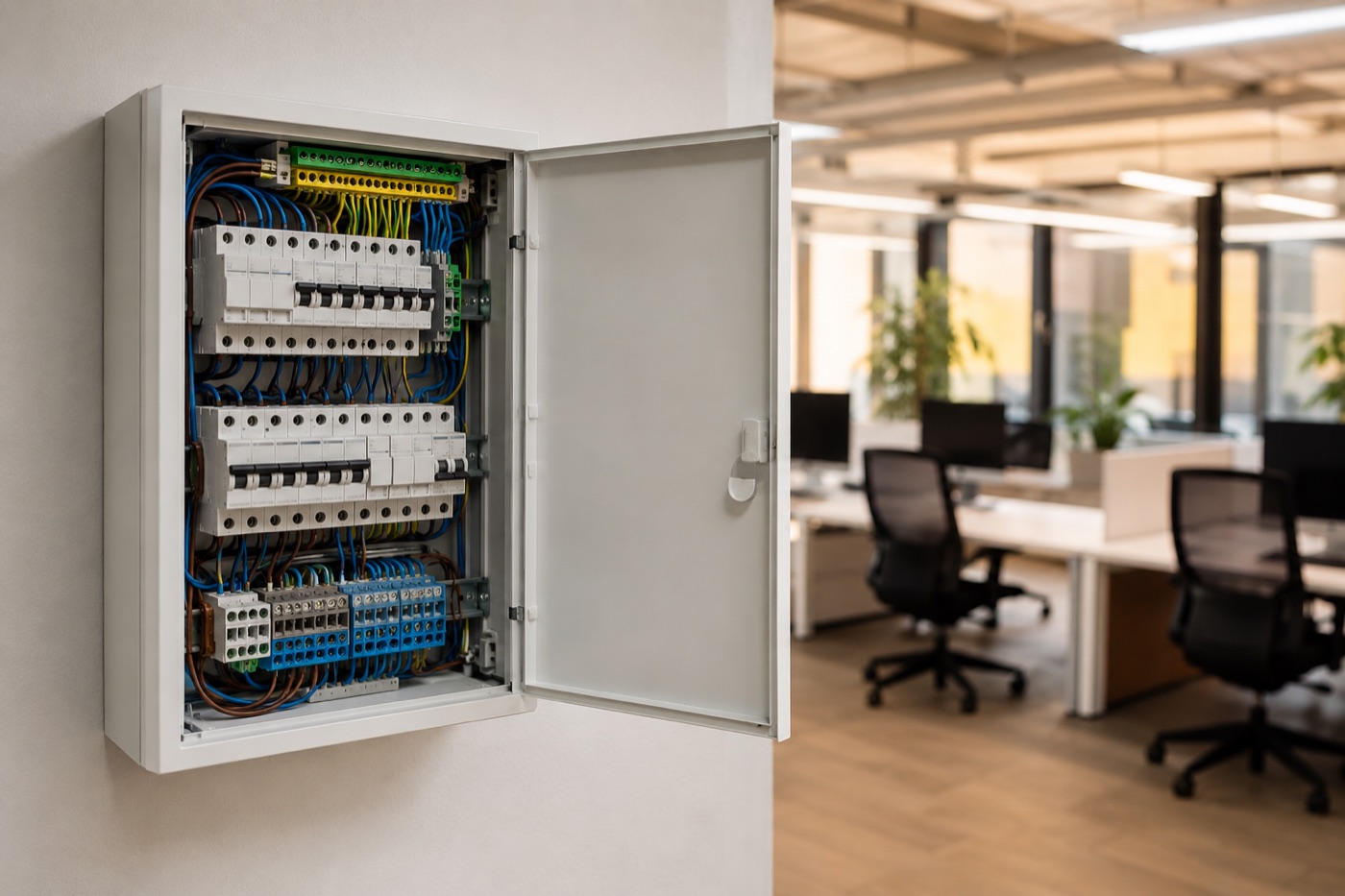 Quadro elettrico aperto e cablato con ordine, montato a parete accanto a un ufficio openspace moderno