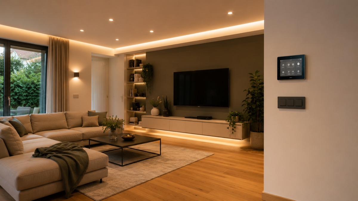 Soggiorno moderno con illuminazione LED a incasso e strisce a soffitto, luce calda