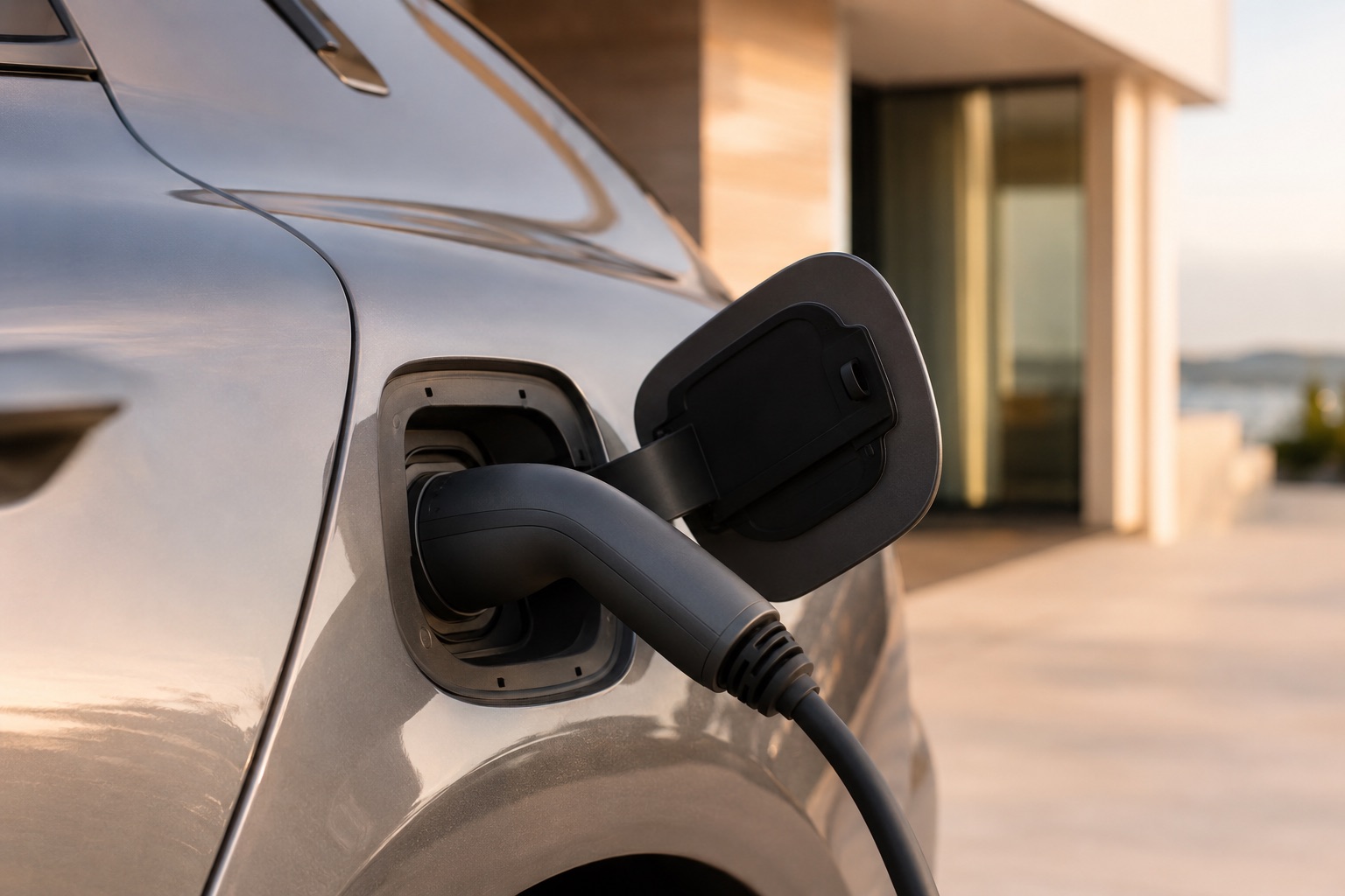 Connettore di ricarica inserito in un'auto elettrica nel vialetto di una casa