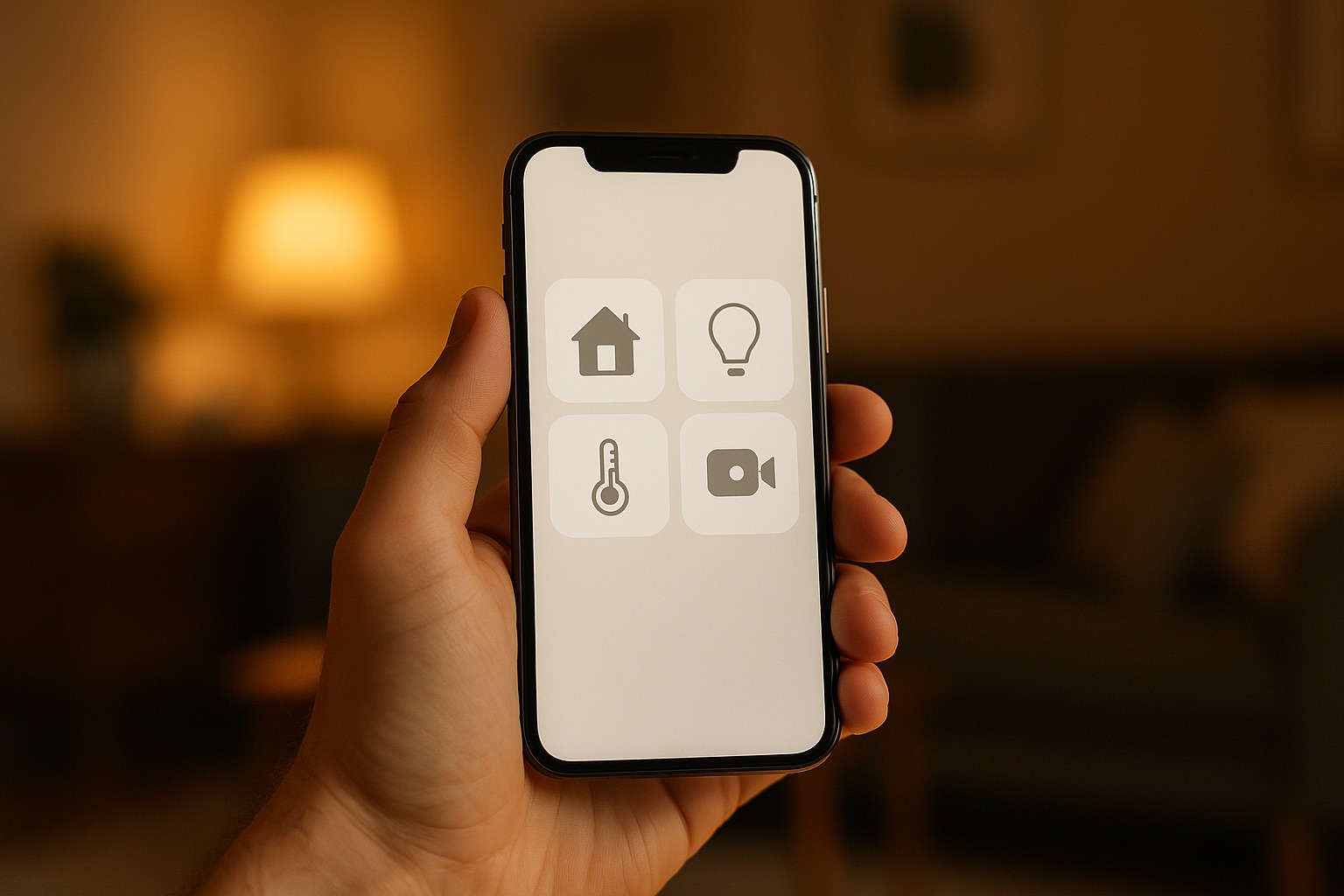 Smartphone che comanda luci e clima di un soggiorno moderno