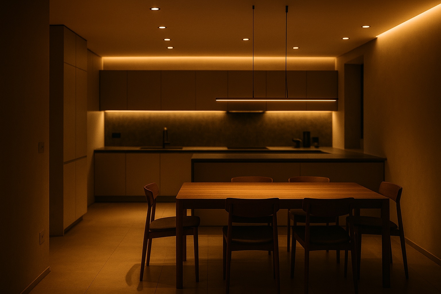 Zona giorno moderna di sera con illuminazione a LED calda e a scenari