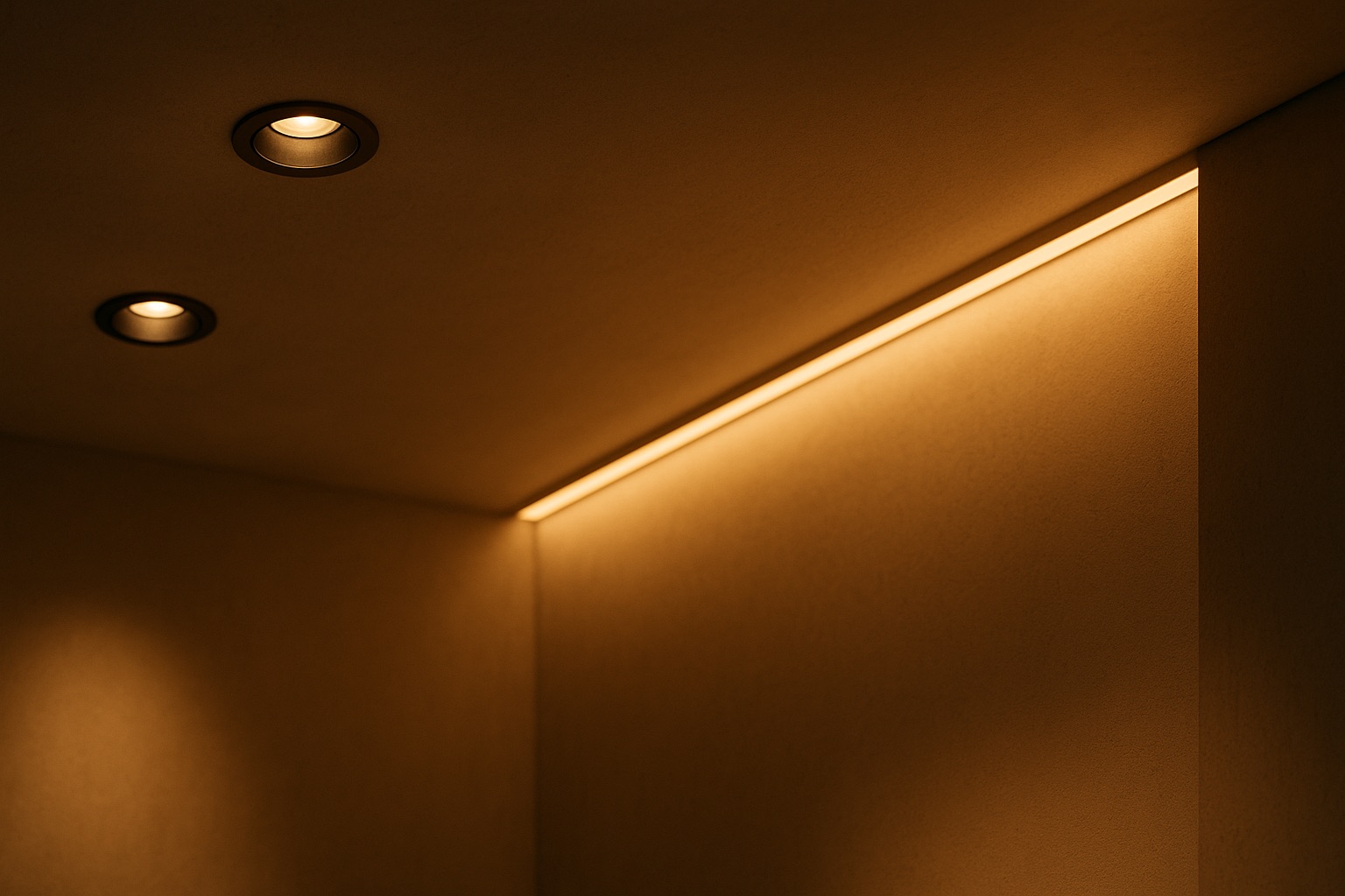 Faretti a LED da incasso e luce lineare calda su un soffitto minimalista