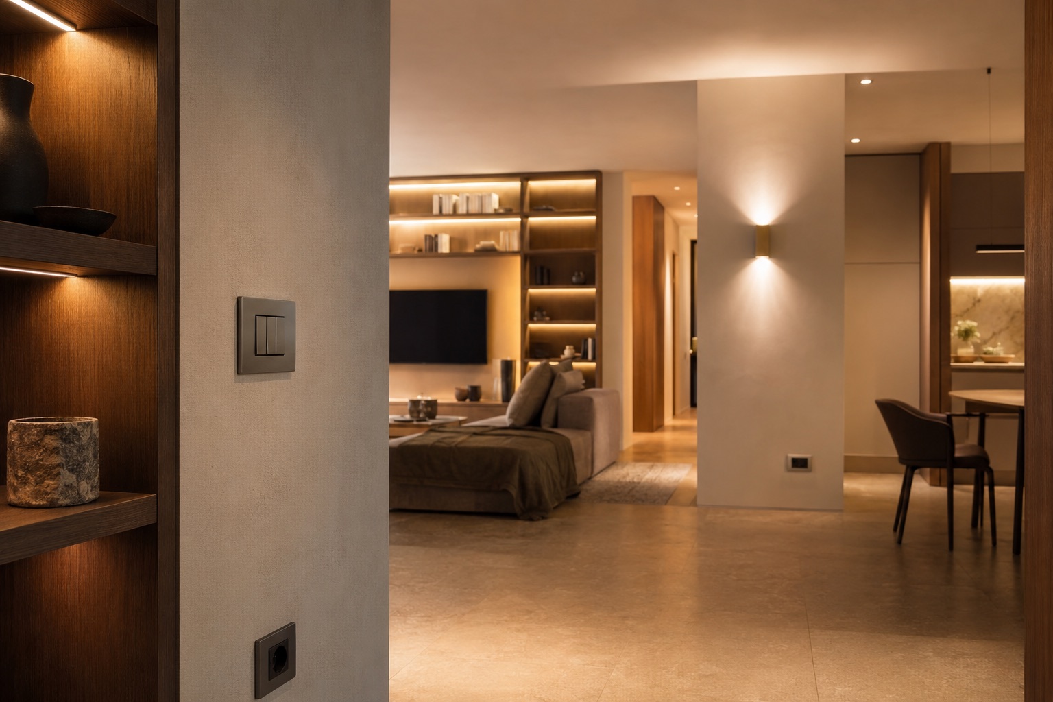 Interno di casa moderna con illuminazione integrata, interruttori e prese installati con cura