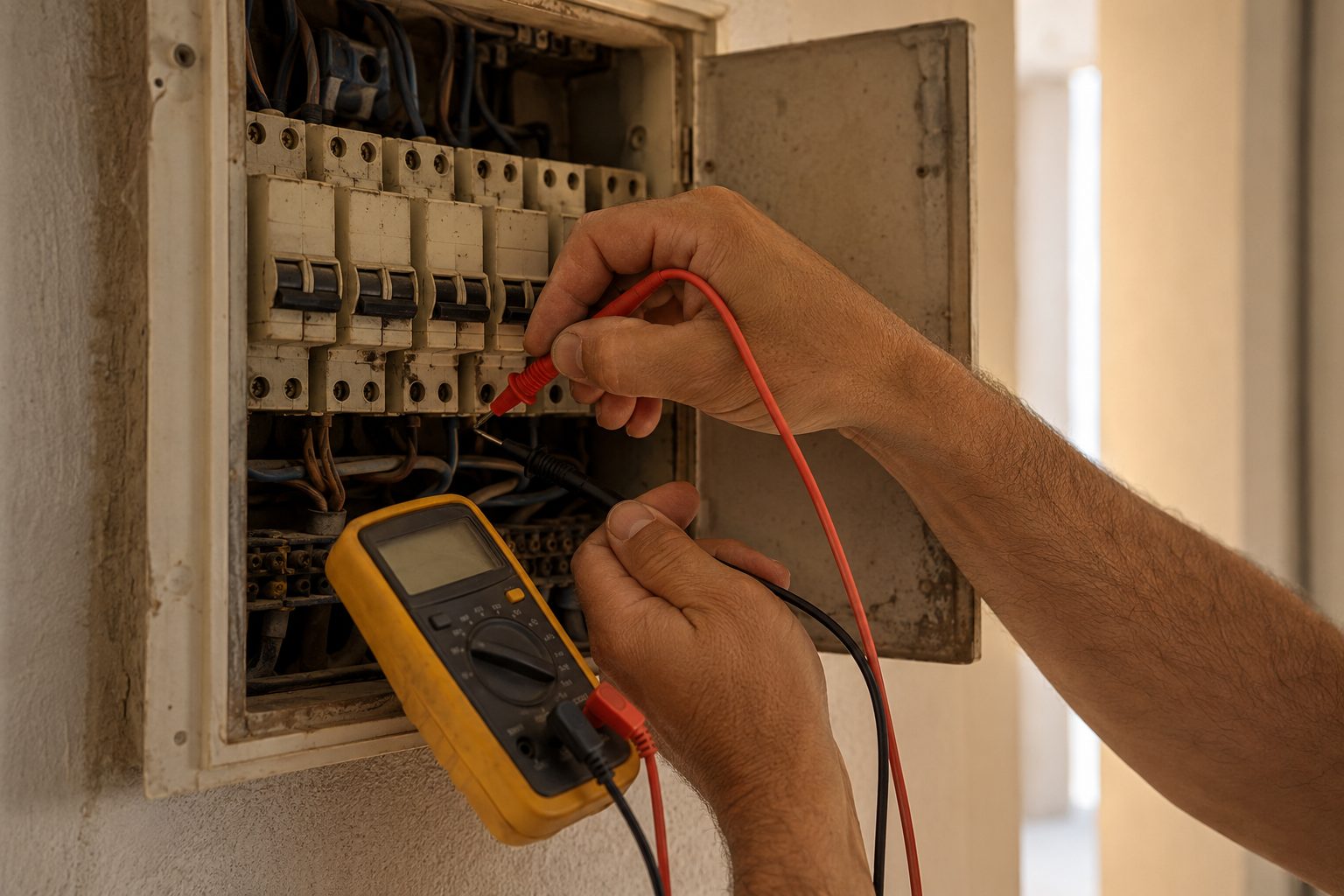 Tecnico che verifica con un tester un impianto elettrico esistente