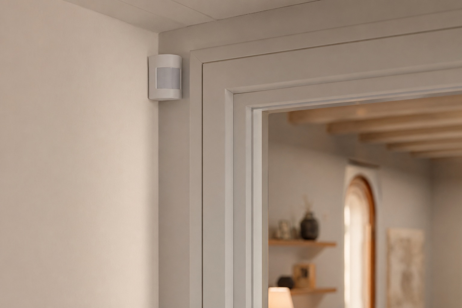 Sensore di movimento dell'antifurto installato a parete accanto a una porta