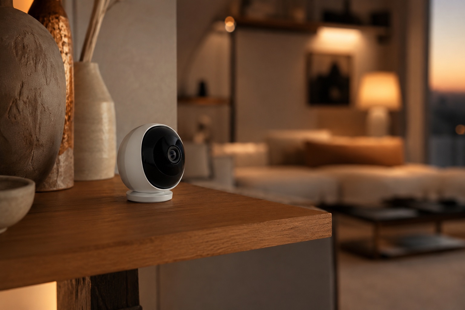 Telecamera di sicurezza interna moderna in un soggiorno, controllabile da smartphone