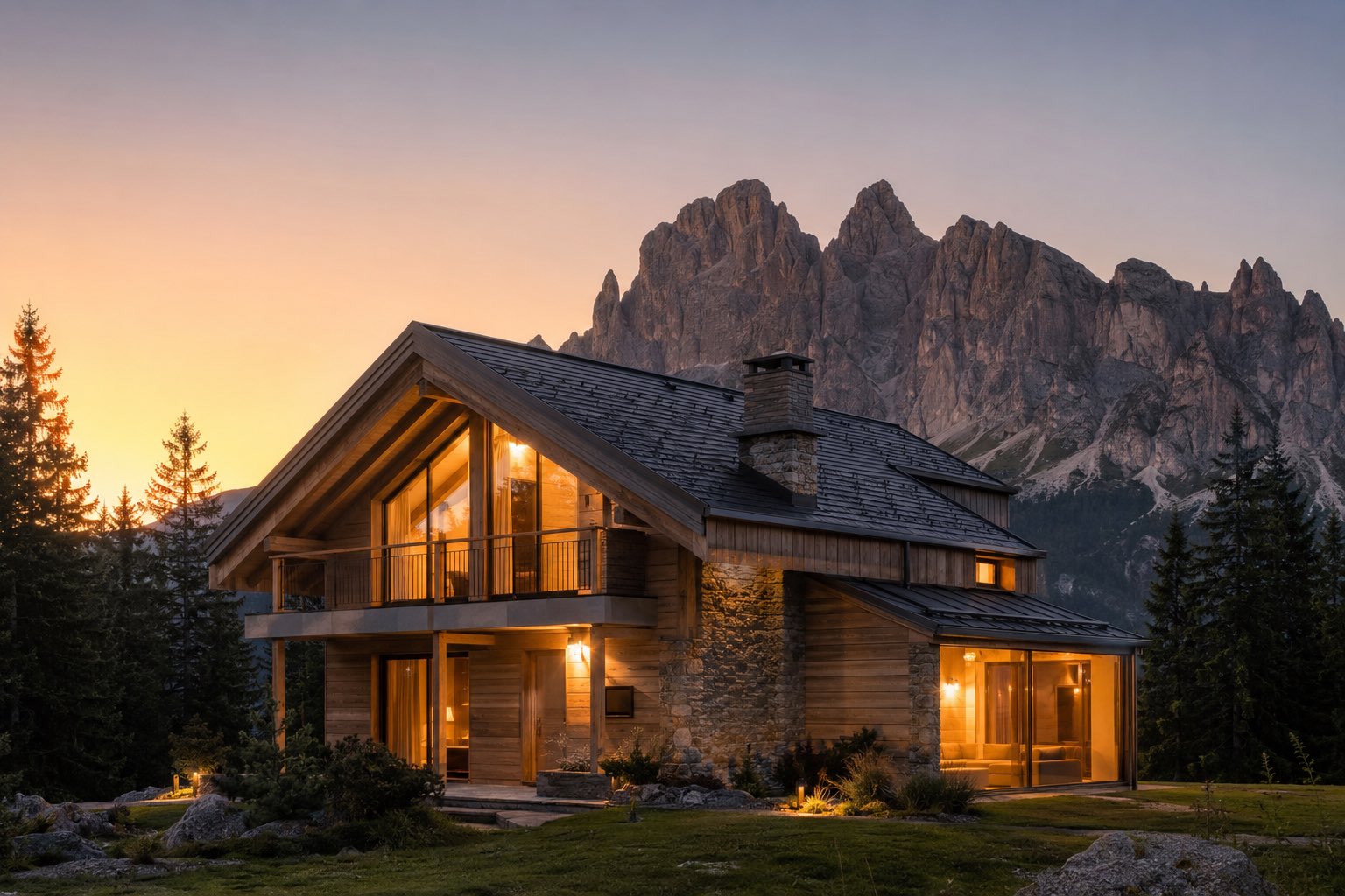 Casa di montagna nel Bellunese con luci calde alle finestre, al crepuscolo tra le Dolomiti