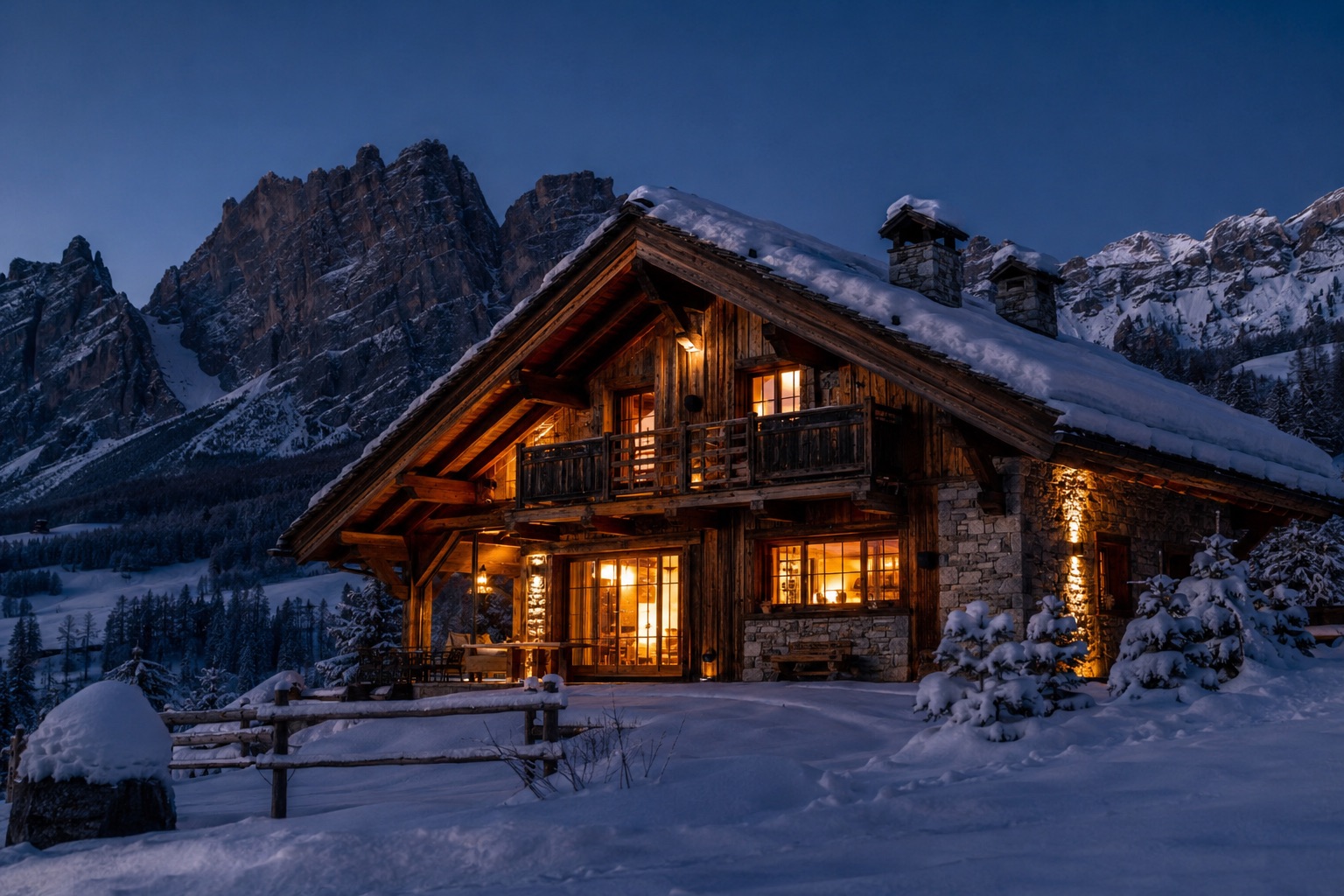 Chalet di montagna a Cortina d'Ampezzo con luci calde alle finestre, al crepuscolo sotto le Dolomiti