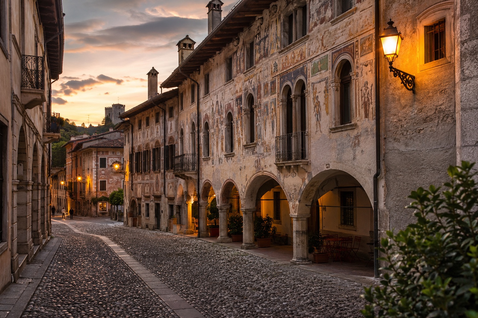Una via del centro storico di Feltre con i palazzi dalle facciate affrescate, al tramonto
