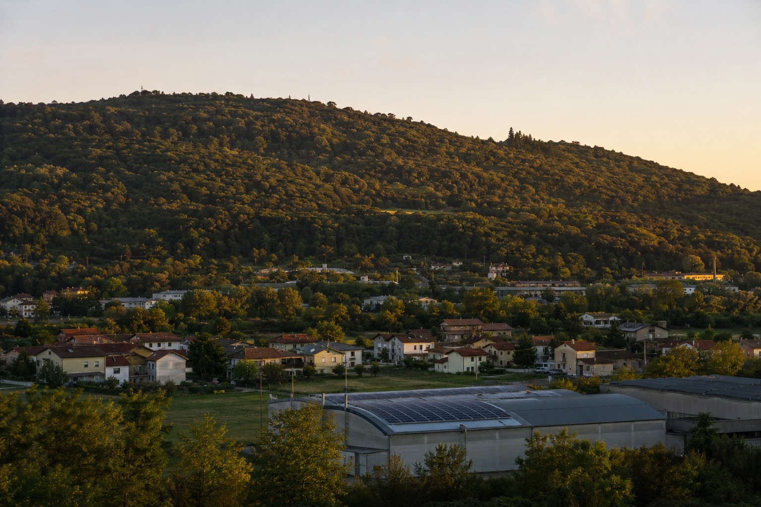 Il versante boscoso del Montello sopra le case e i capannoni di Montebelluna al tramonto