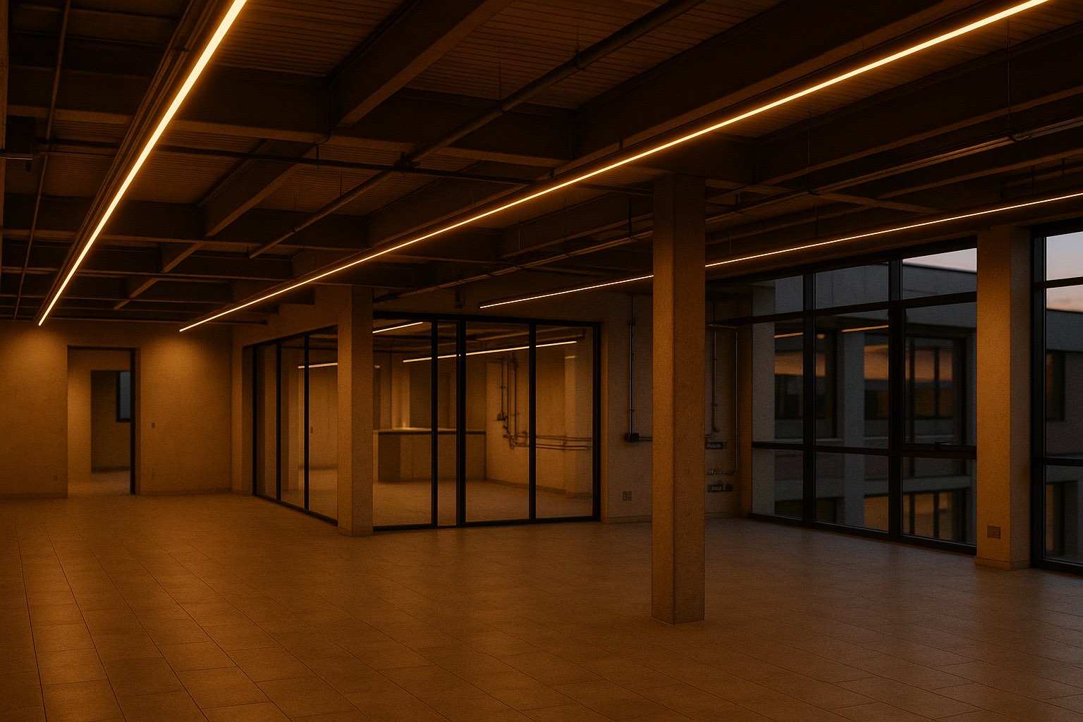 Interno di un capannone commerciale del Pordenonese con impianto elettrico e illuminazione a LED