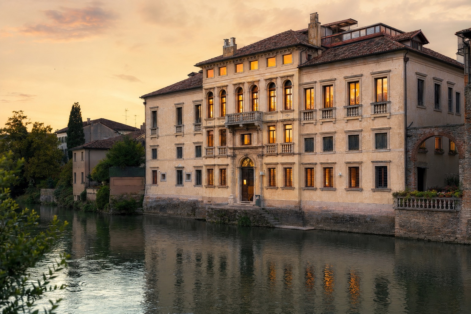 Il centro storico di Sacile con i palazzi veneziani riflessi sulla Livenza al tramonto
