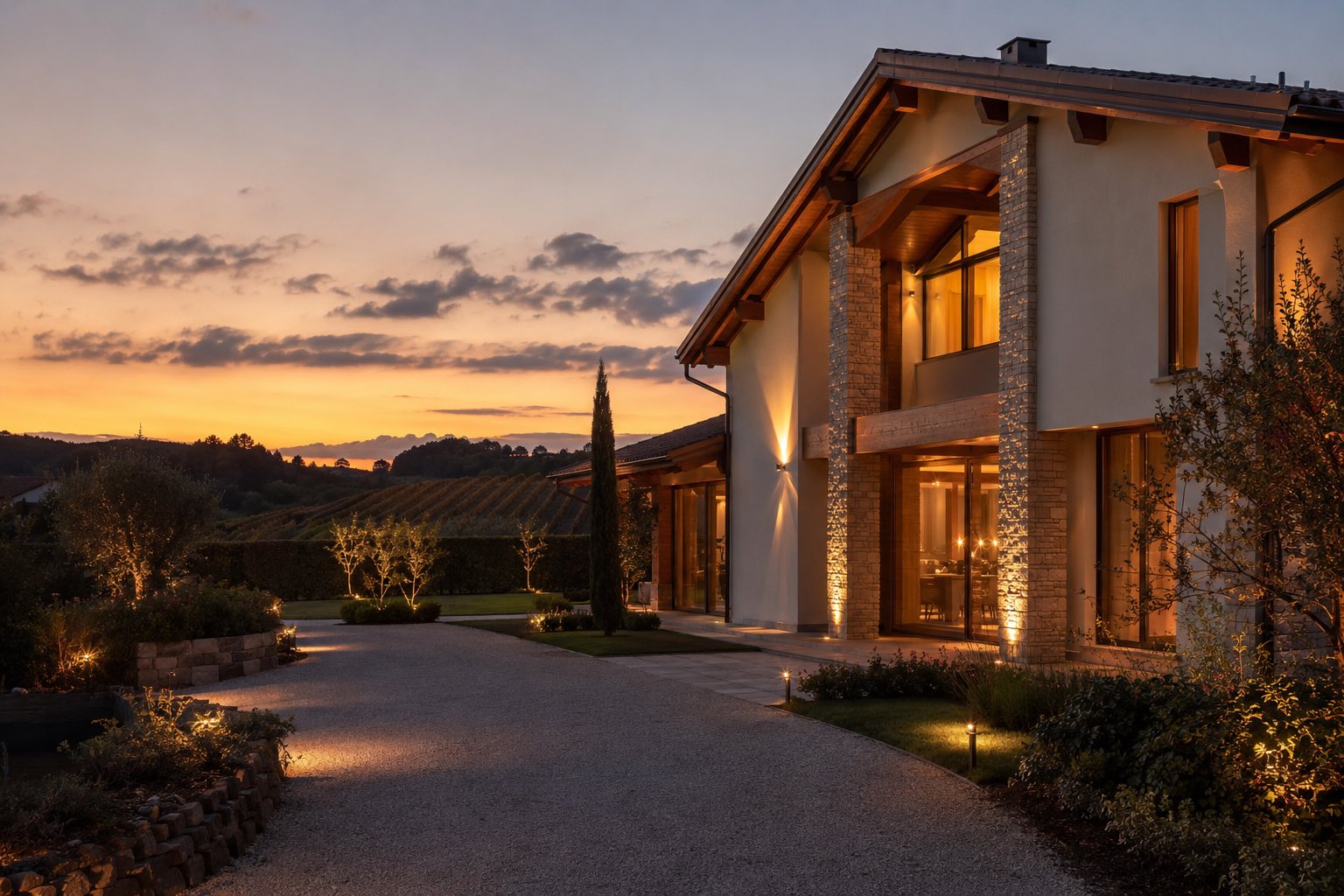 Villa veneta tra le colline di Conegliano con illuminazione esterna al tramonto